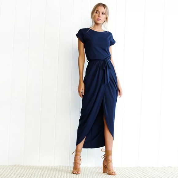 💥 CLEARANCE Tie Waist Rolled Short Sleeve Long Faux Wrap Front Slit Maxi Dress - Picture 8 of 8